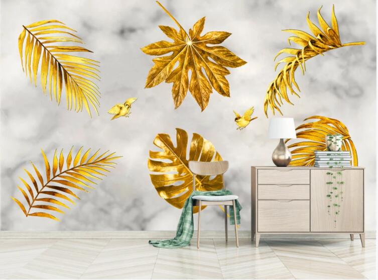 3D Golden Bird Leaf WC2321 Wall Murals