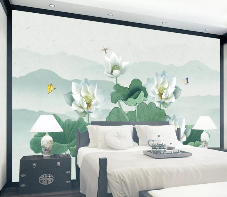 3D White Lotus Dragonfly WC2189 Wall Murals