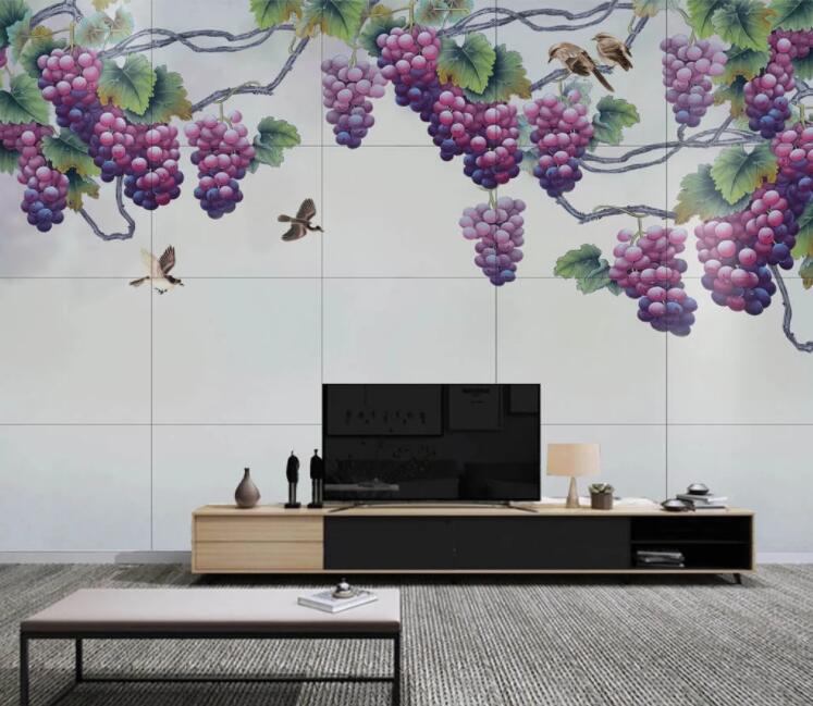 3D Purple Grape Bird WC2402 Wall Murals