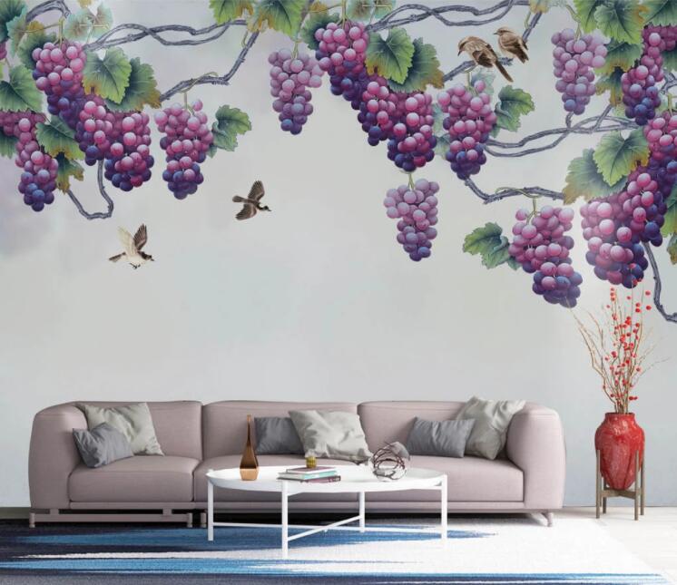 3D Purple Grape Bird WC2402 Wall Murals