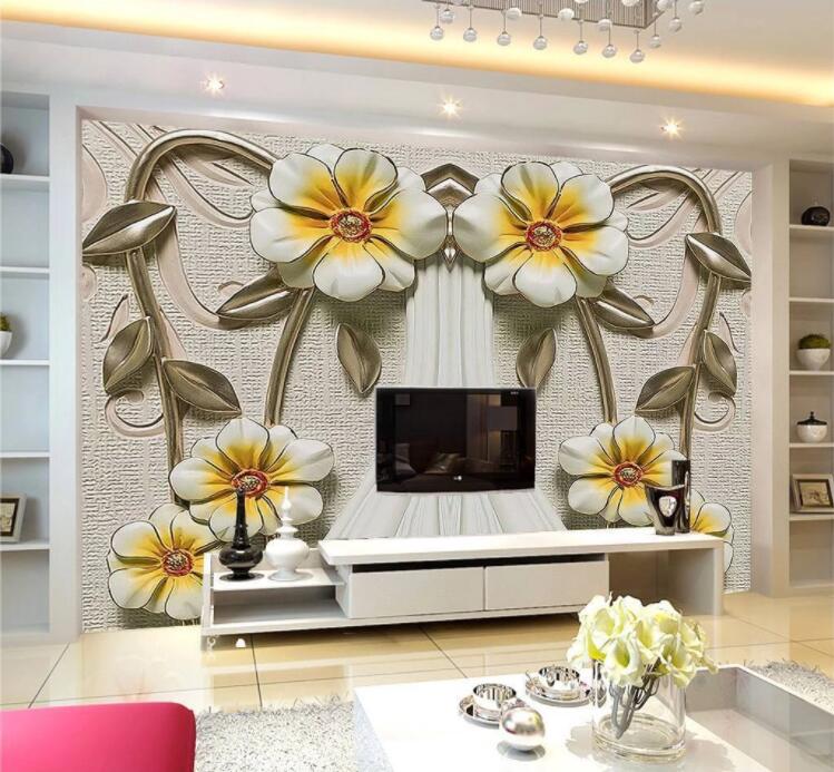 3D Vase Silver Leaves WC869 Wall Murals