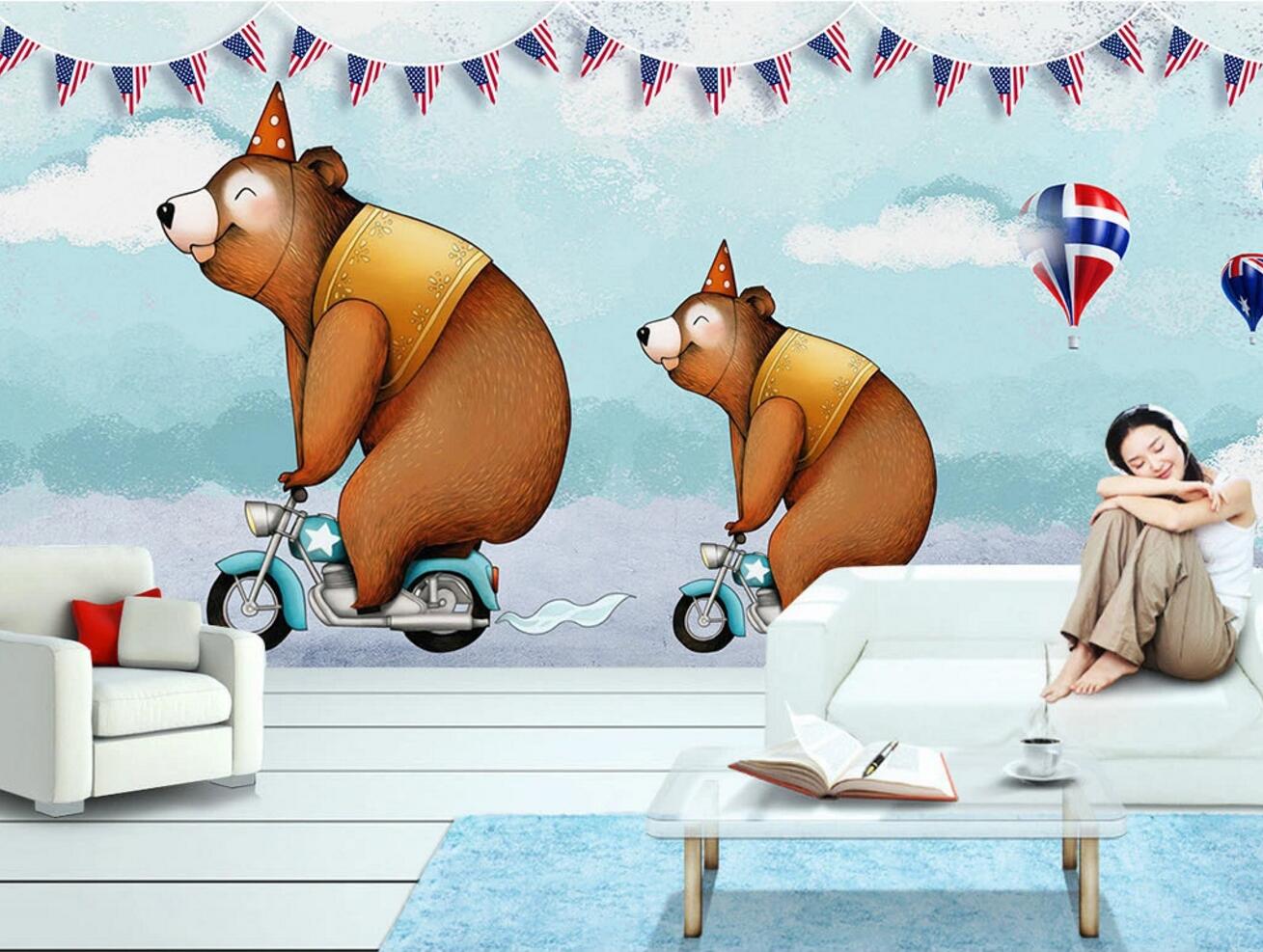 3D Bear Motorcycle WC355 Wall Murals