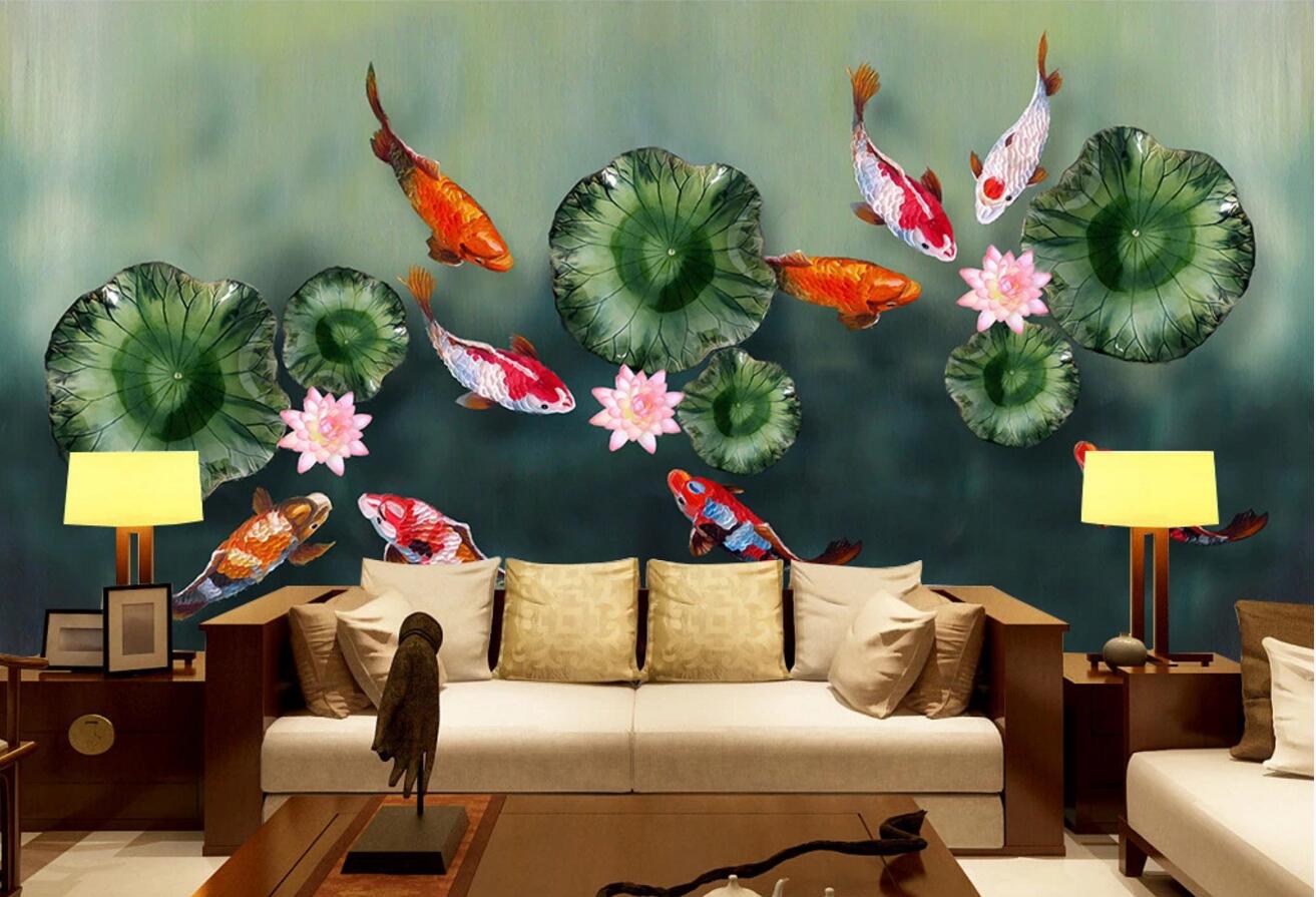 3D Lotus Leaf Goldfish WC377 Wall Murals