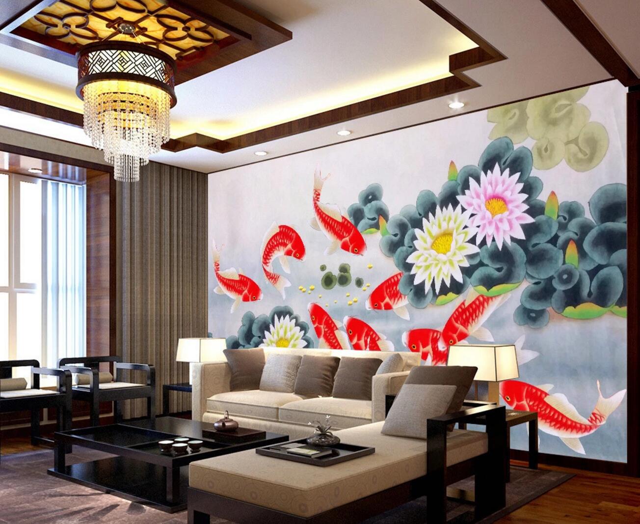 3D Lotus Goldfish WC376 Wall Murals