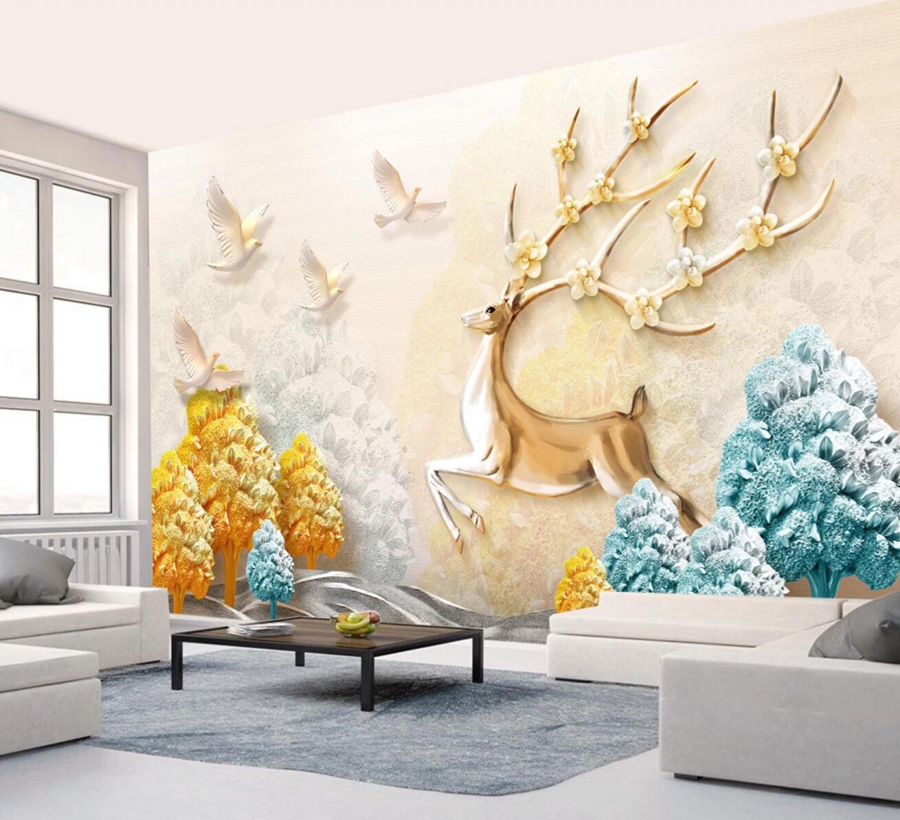 3D Golden Deer Flower WC428 Wall Murals