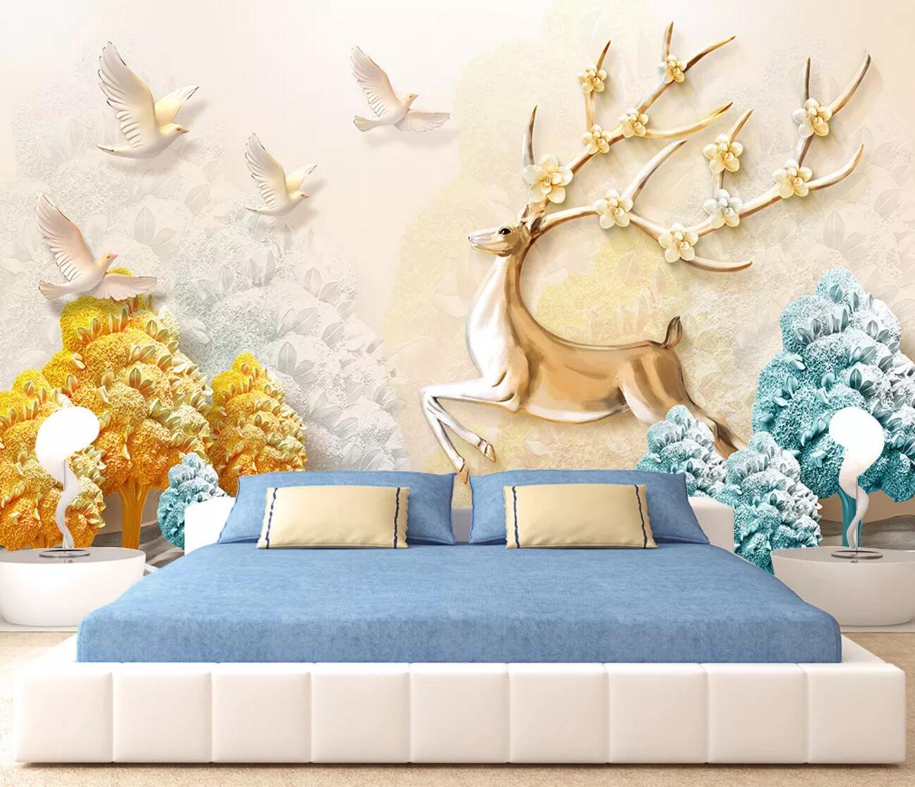 3D Golden Deer Flower WC428 Wall Murals