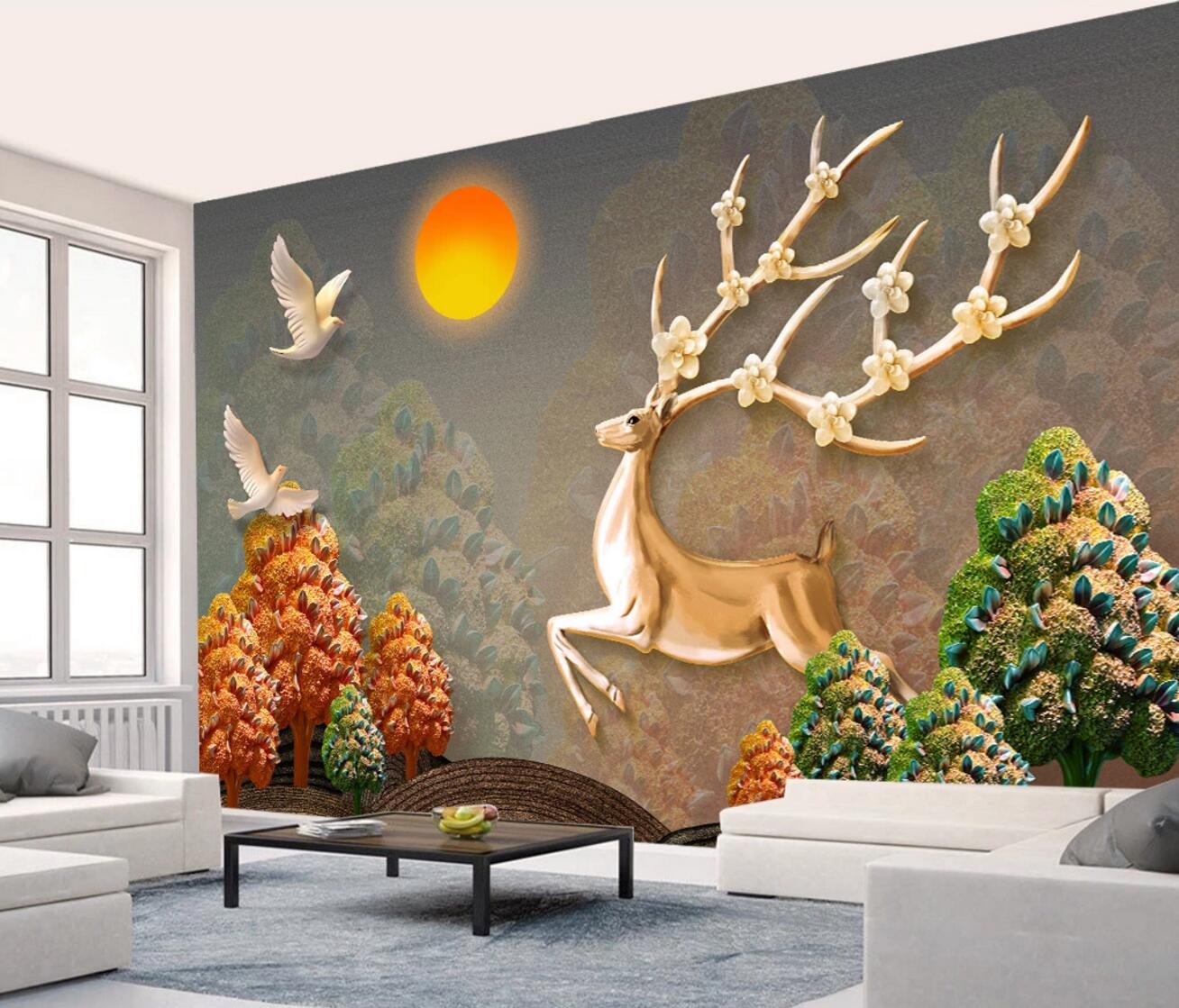 3D Golden Deer Dove WC427 Wall Murals