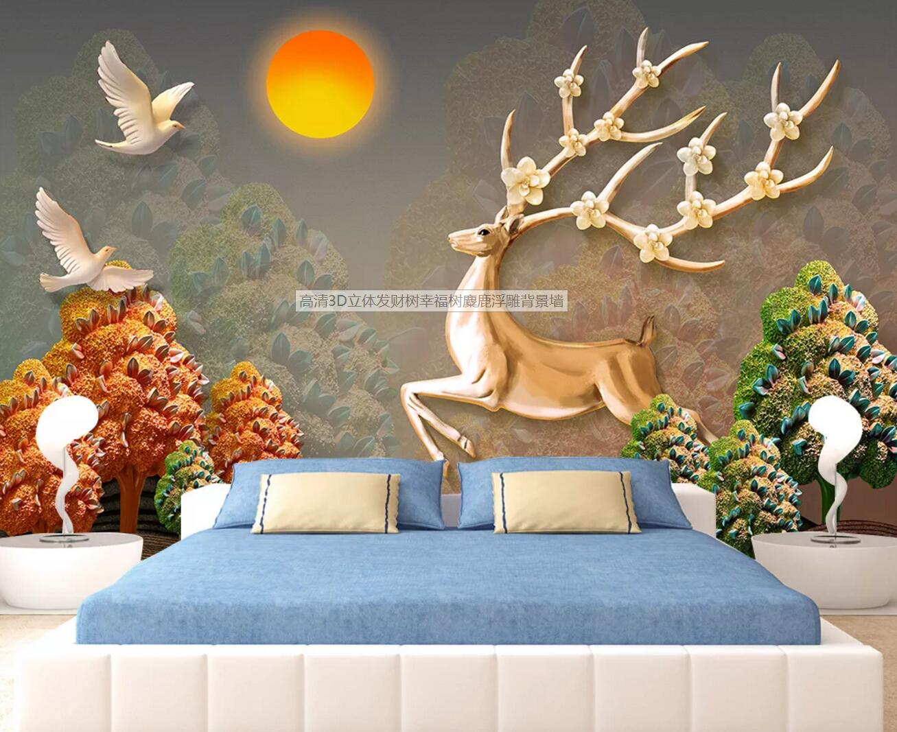 3D Golden Deer Dove WC427 Wall Murals