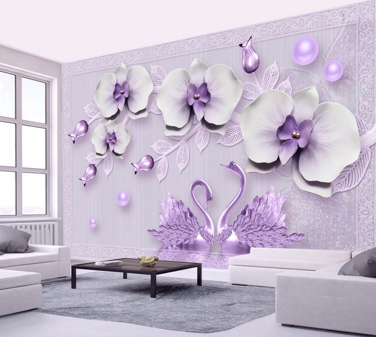 3D Purple Swan WC423 Wall Murals