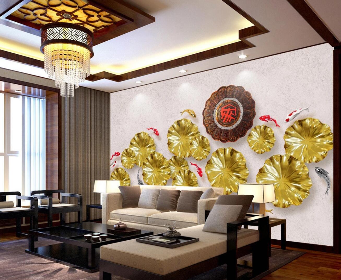 3D Golden Lotus Leaf WC407 Wall Murals