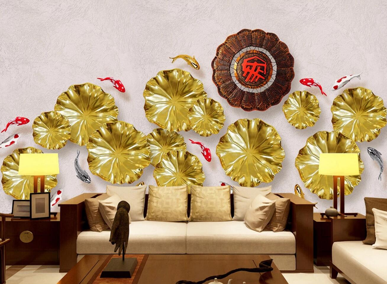 3D Golden Lotus Leaf WC407 Wall Murals