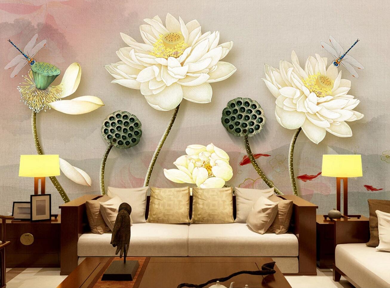 3D Lotus Dragonfly Koi WC471 Wall Murals