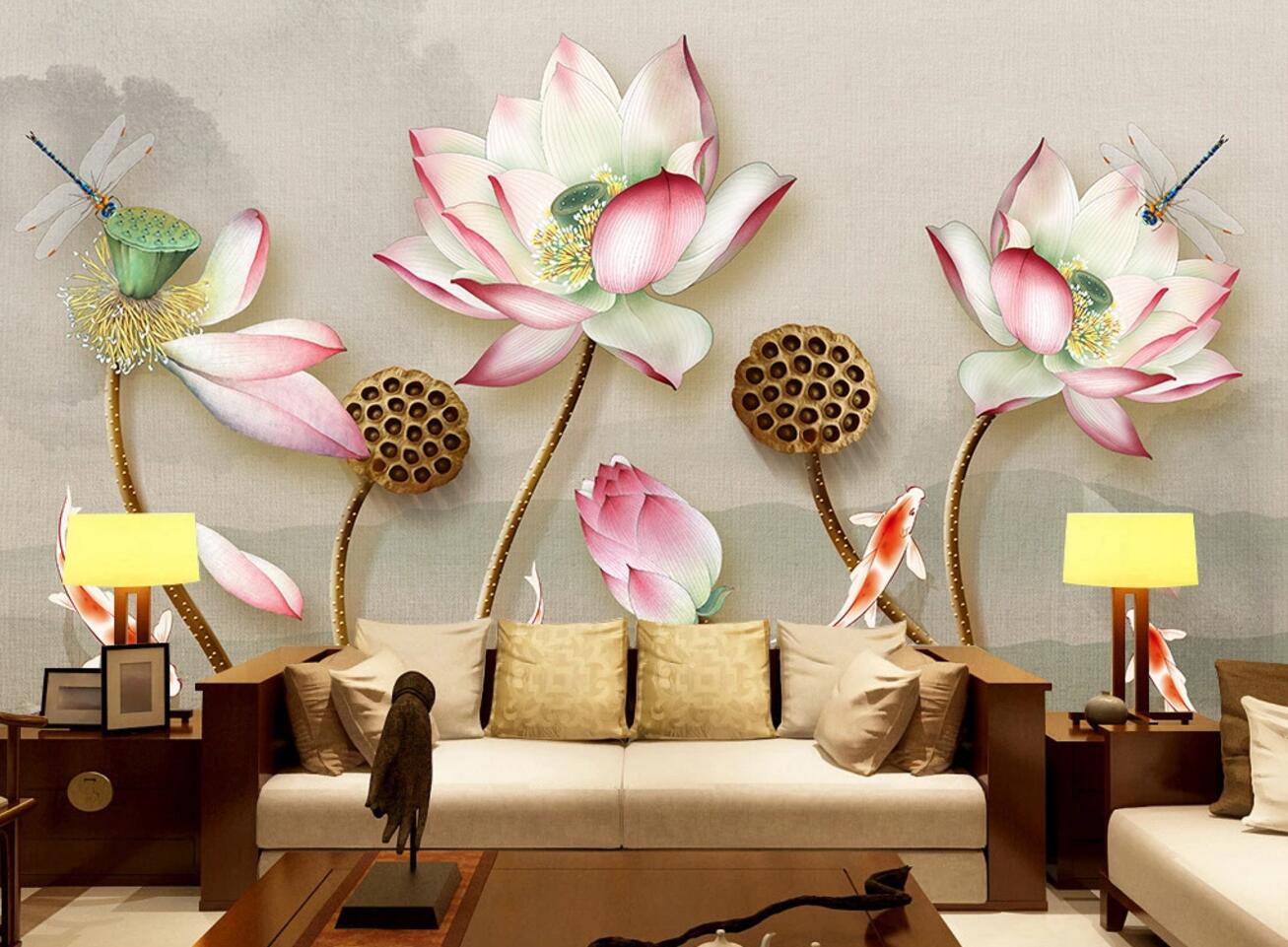 3D Lotus Dragonfly WC470 Wall Murals