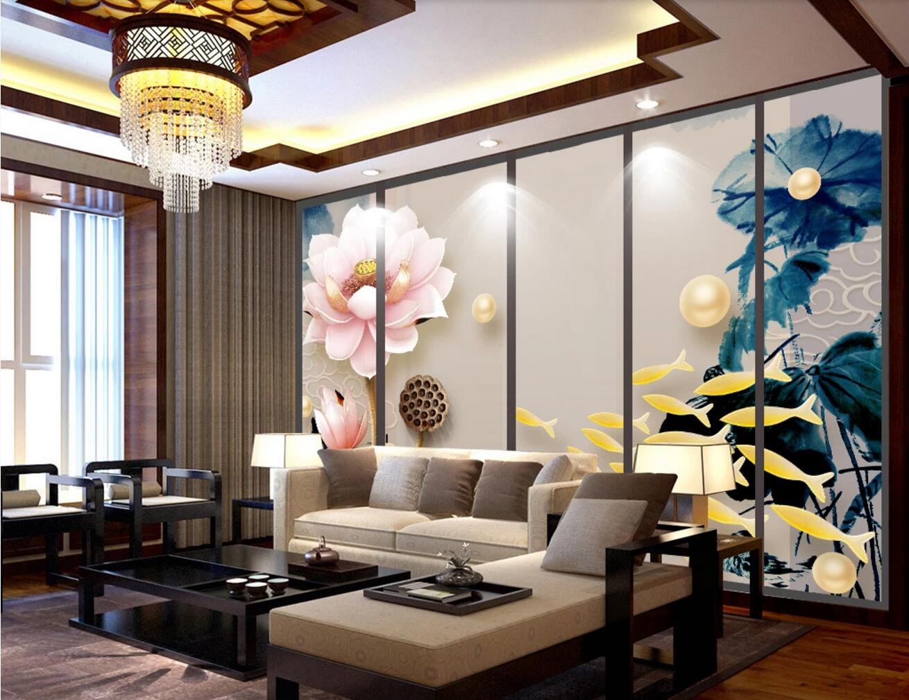 3D Golden Pearl Lotus WC520 Wall Murals