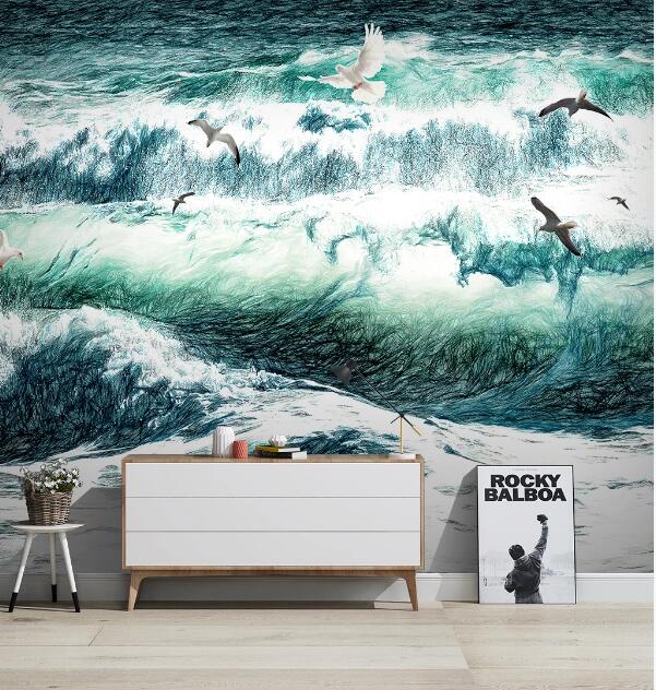 3D Sea Wave Seagull WC1413 Wall Murals