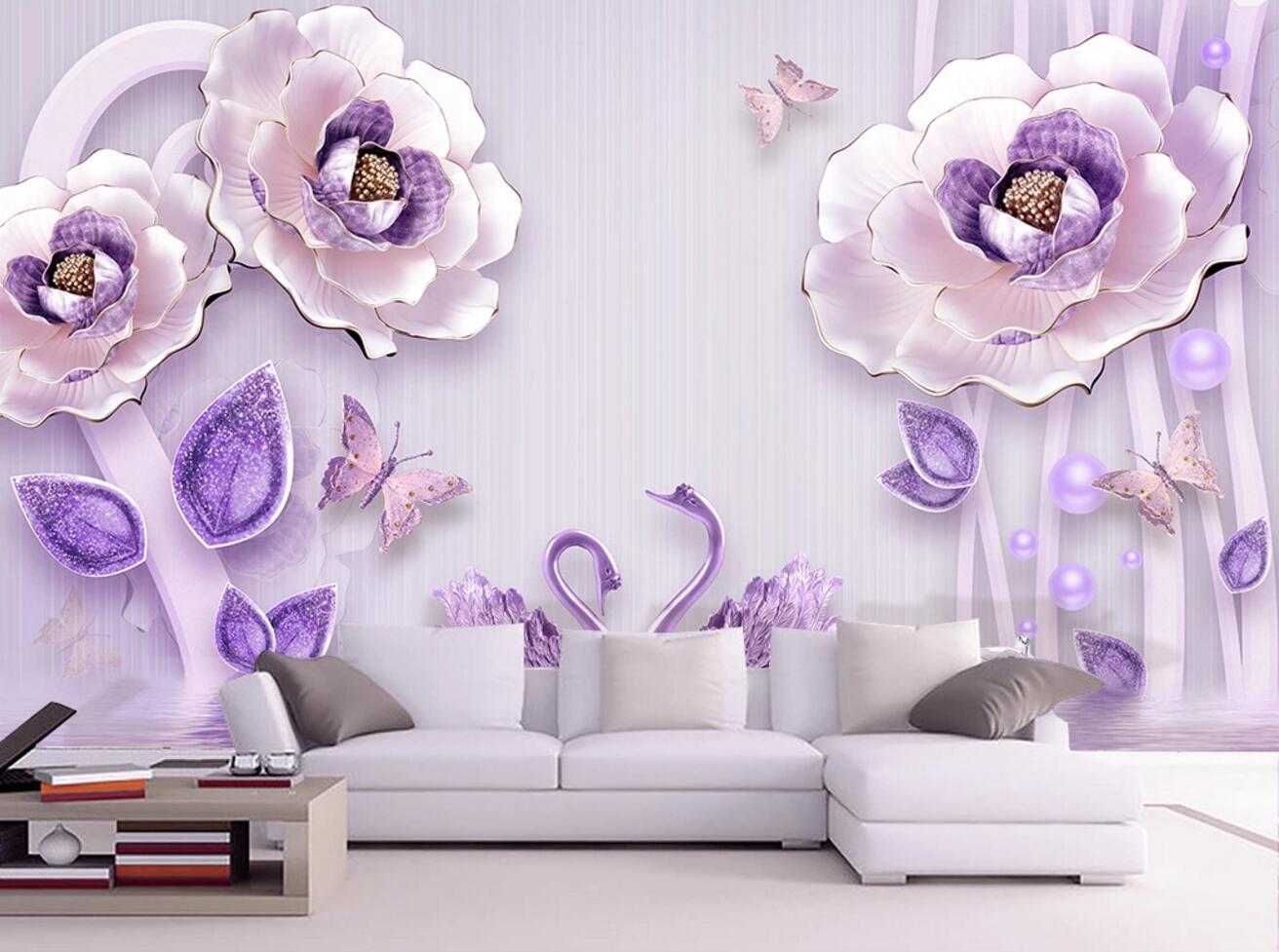 3D Purple Crystal Swan WC727 Wall Murals