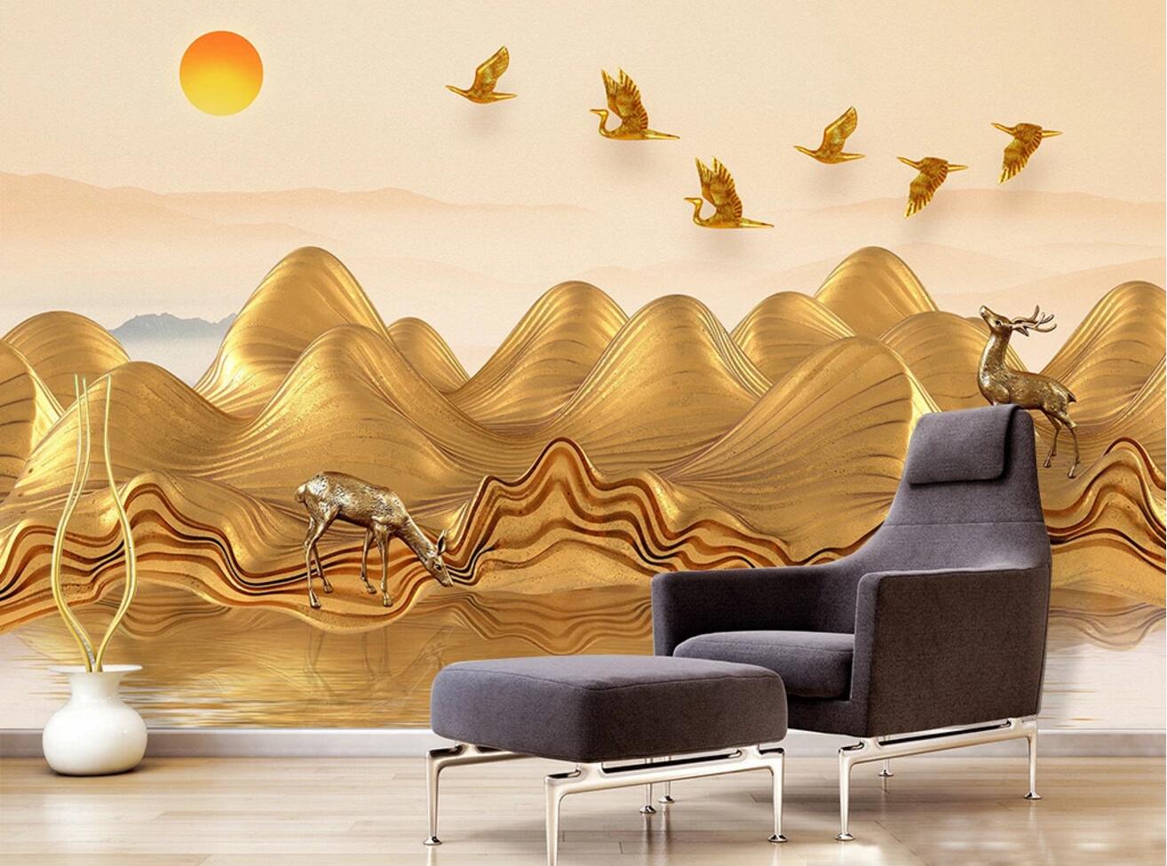 3D Golden Deer Goose WC812 Wall Murals