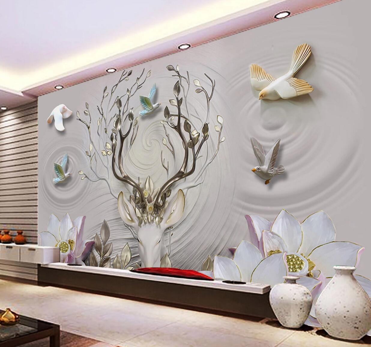 3D Dove Lotus Deer WC634 Wall Murals