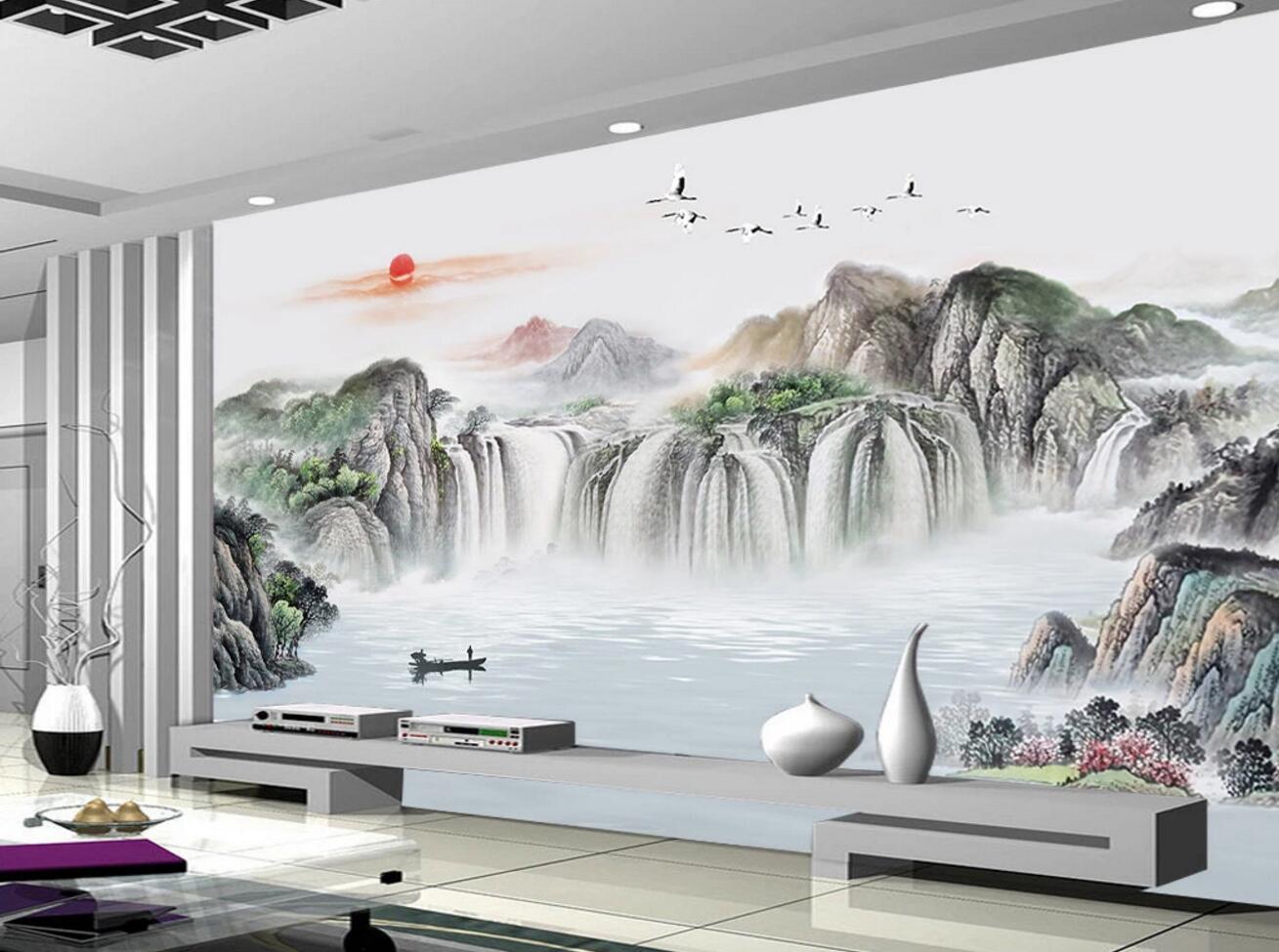 3D Sun Falls Lake WC2490 Wall Murals