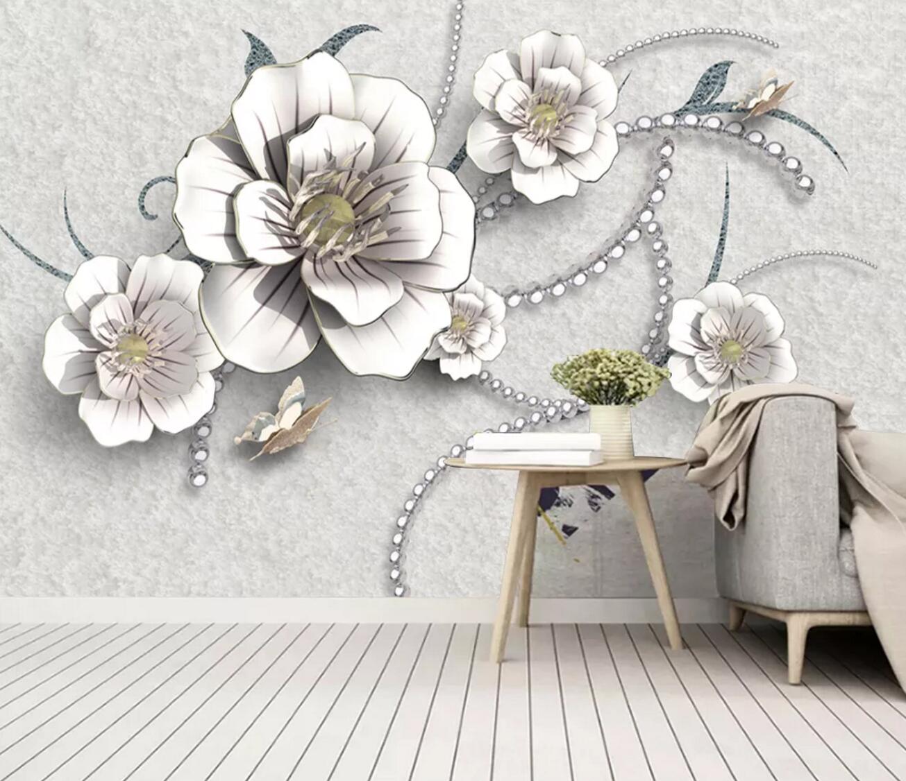 3D Diamond White Flower WC2722 Wall Murals