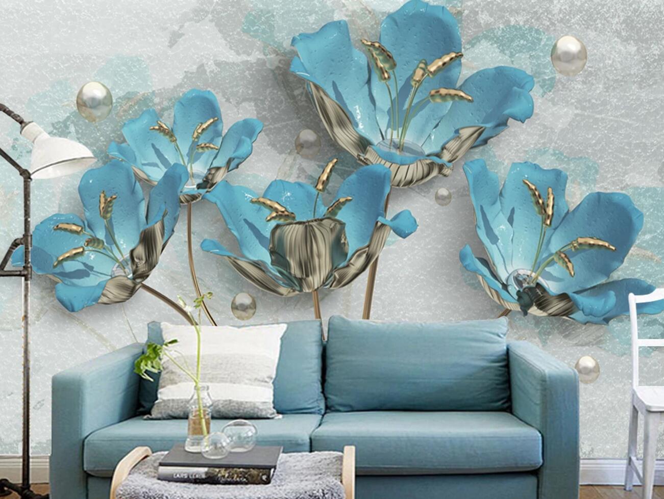 3D Blue Flower Pearl WC2720 Wall Murals