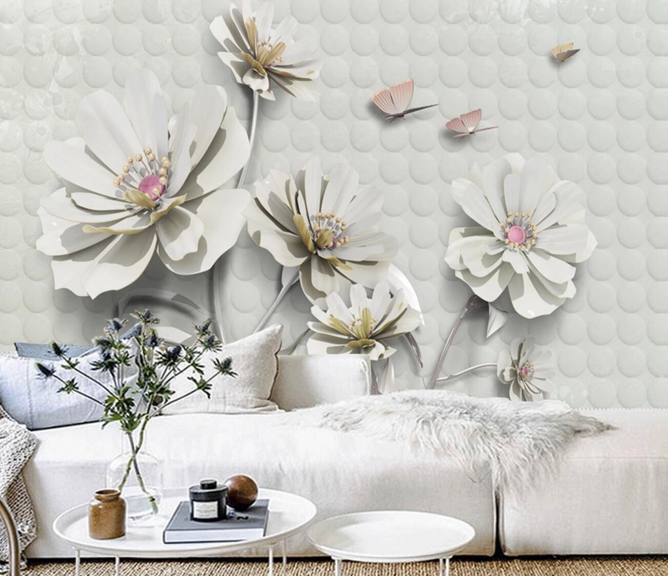 3D White Flower Butterfly WC2050 Wall Murals