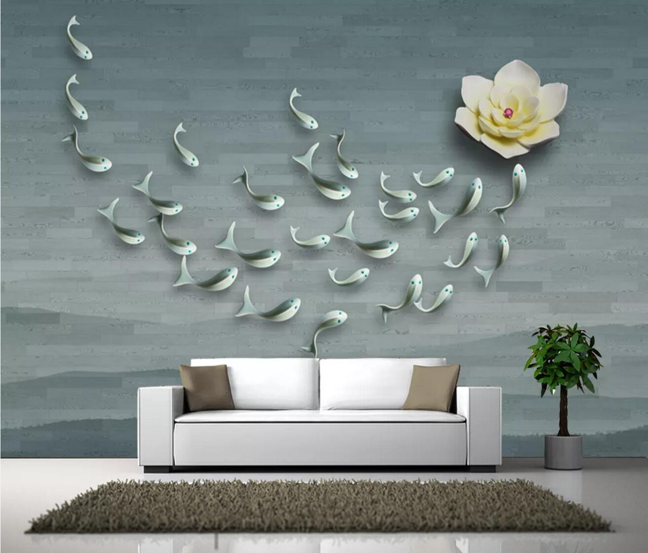 3D Lotus Fish WC548 Wall Murals