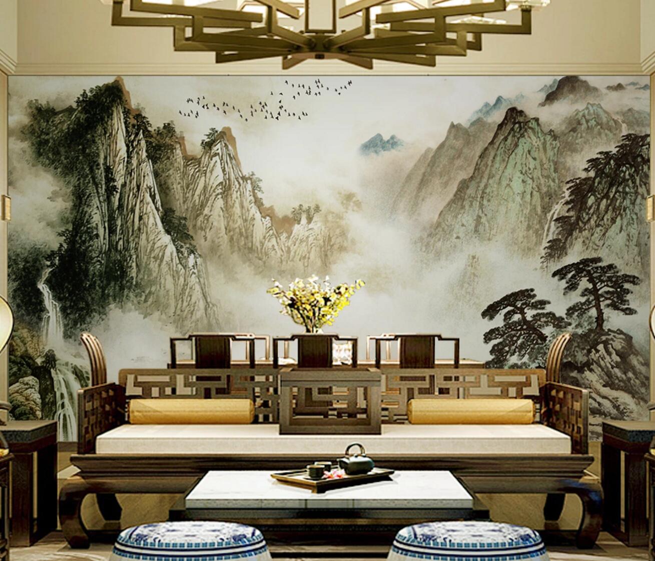 3D Mountain Cliff Tree WC534 Wall Murals