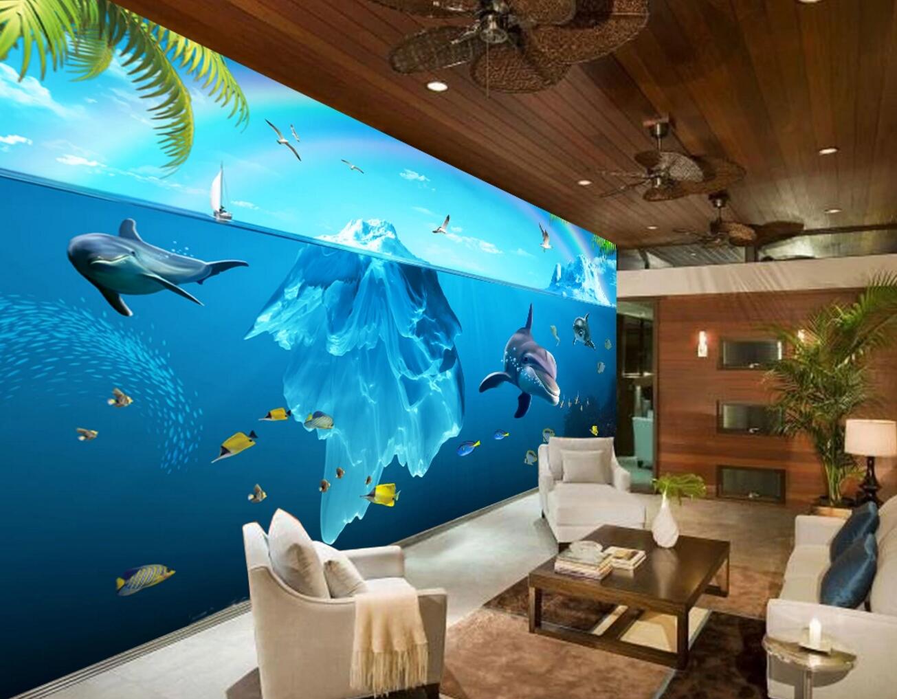 3D Rainbow Dolphin WC306 Wall Murals