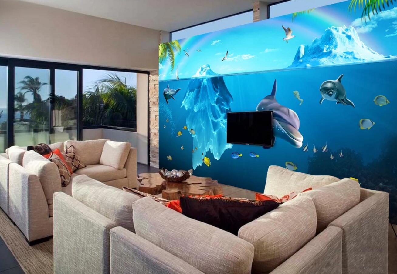 3D Rainbow Dolphin WC306 Wall Murals