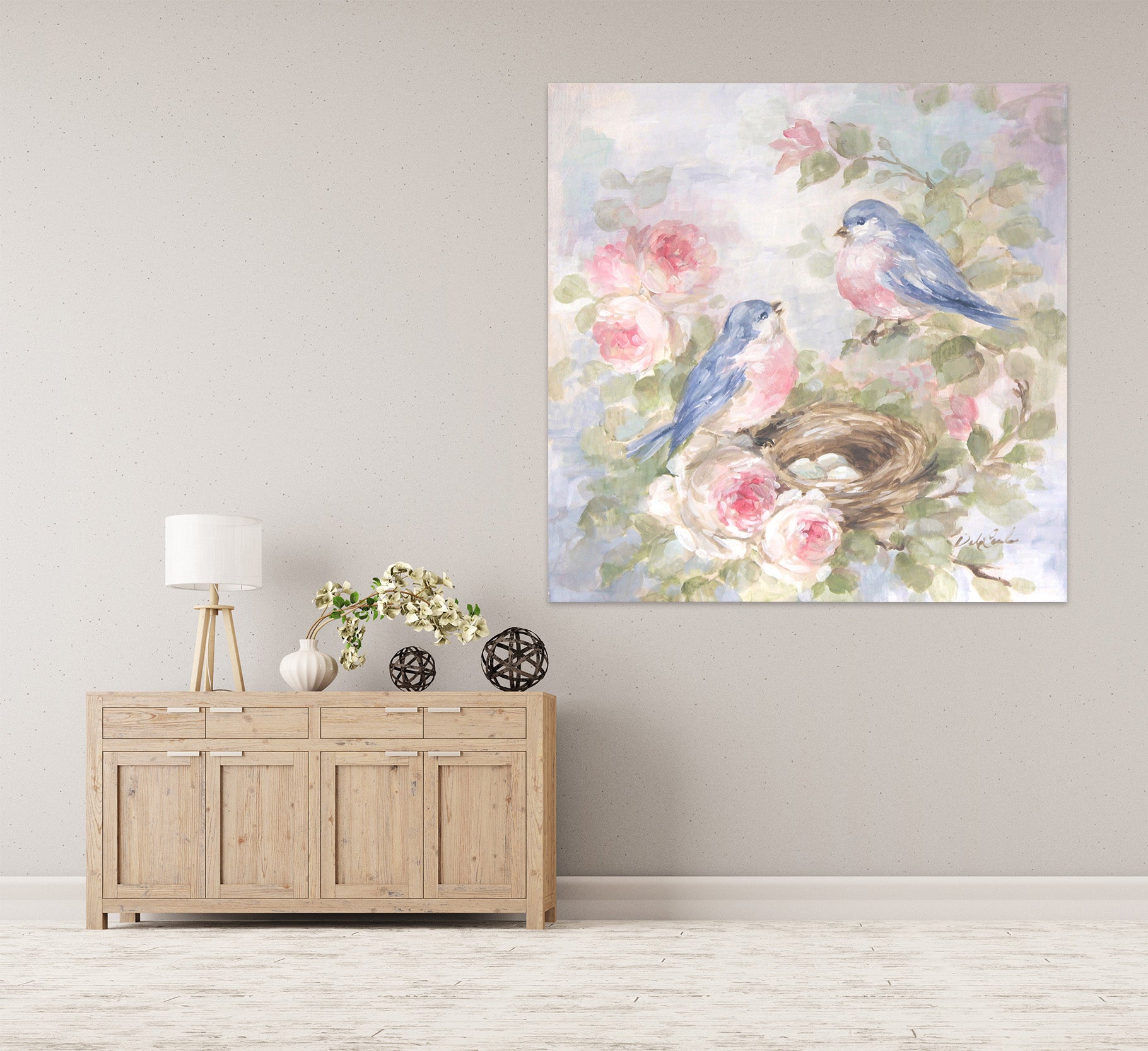 3D Pink Flowers Blue Bird 076 Debi Coules Wall Sticker