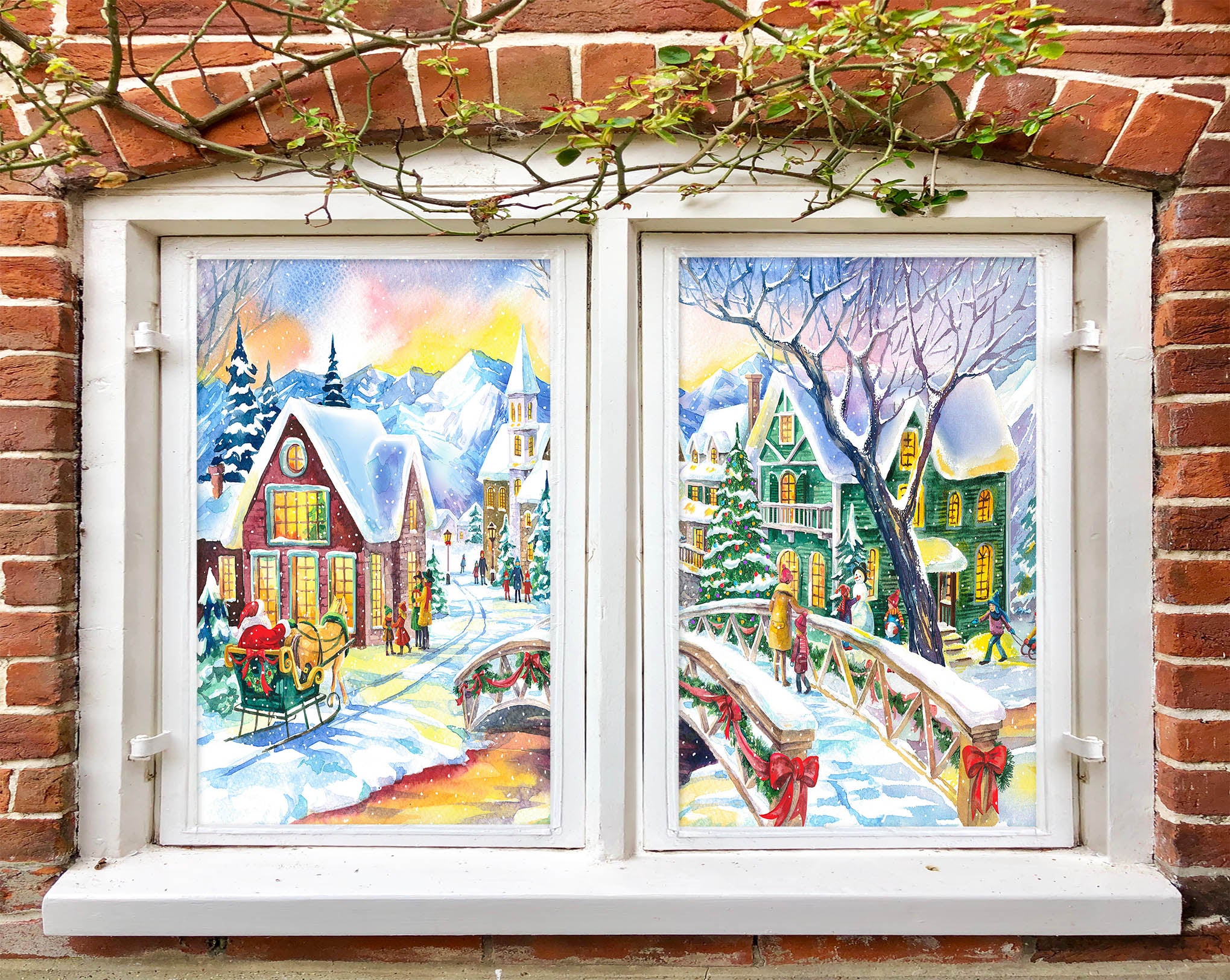 3D Snowy Town 43036 Christmas Window Film Print Sticker Cling Stained Glass Xmas