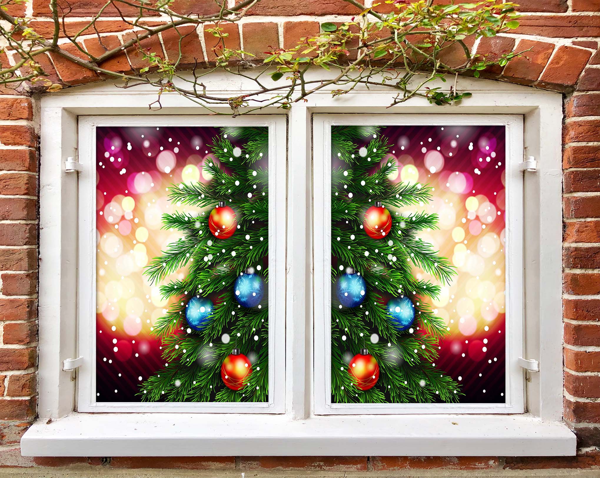 3D Christmas Tree Colored Balls 42136 Christmas Window Film Print Sticker Cling Stained Glass Xmas