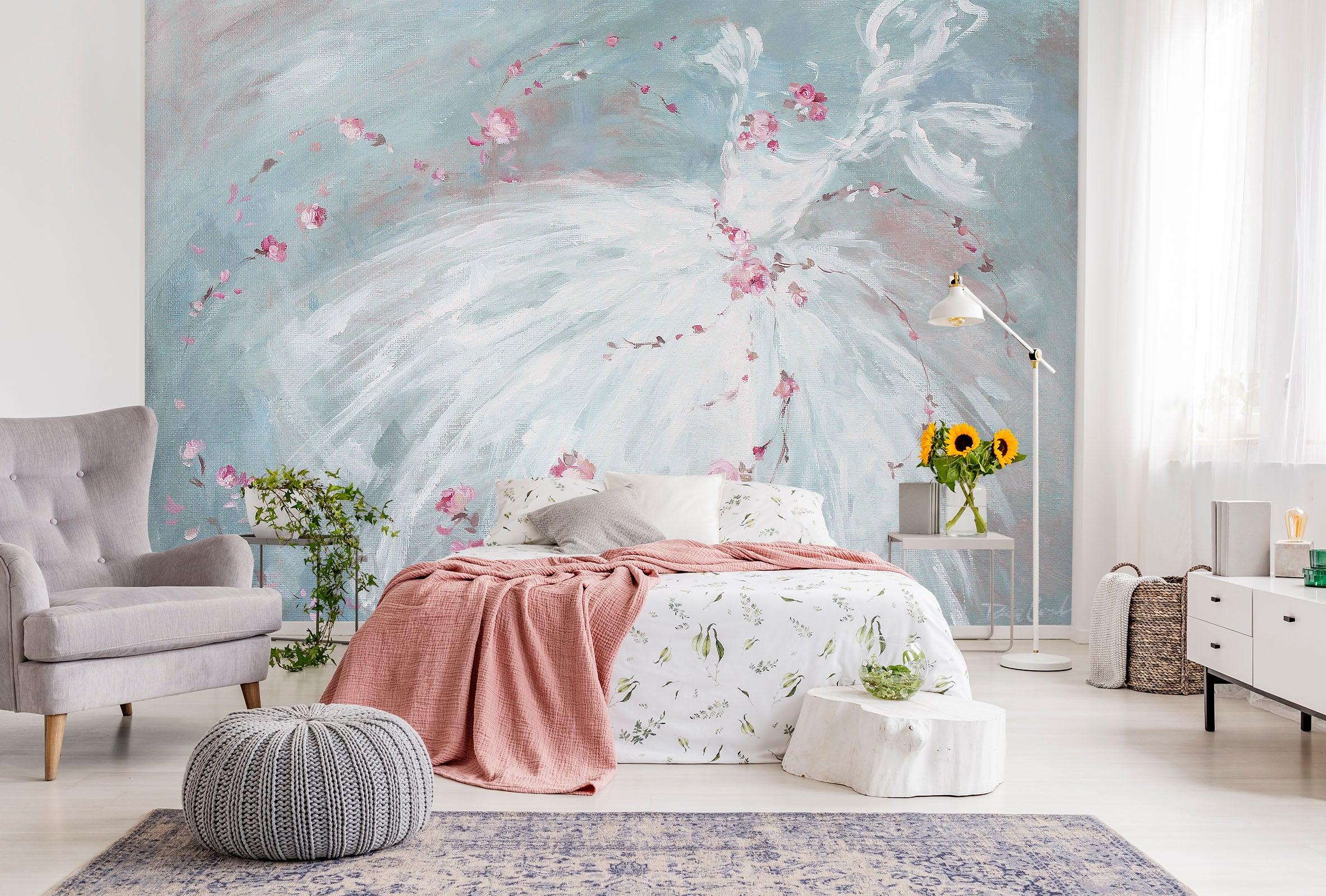 3D Pink Petal White Dress 3106 Debi Coules Wall Mural Wall Murals