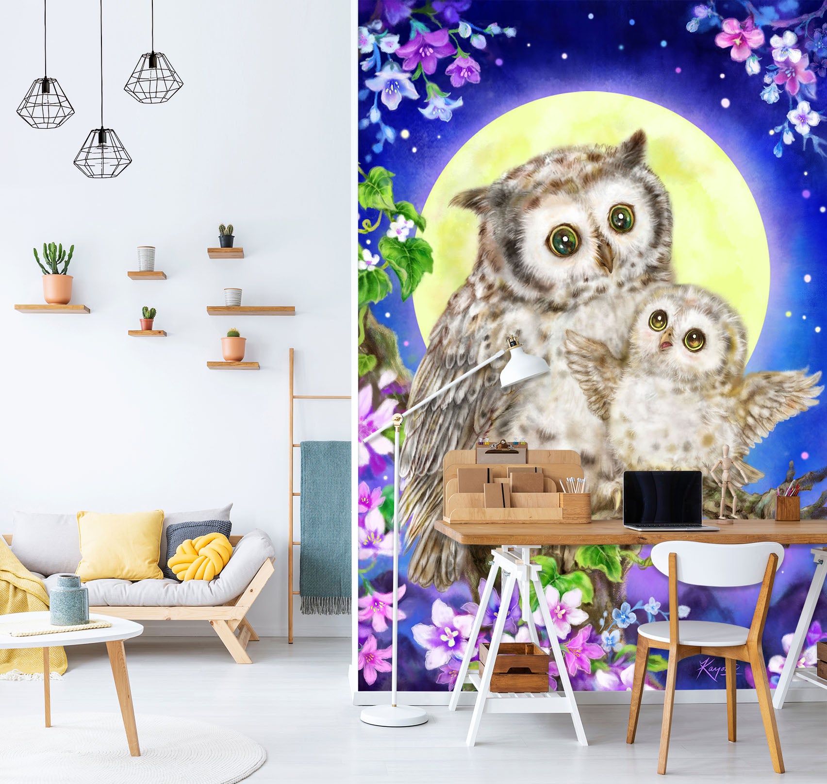 3D Moon Owl Flower 5563 Kayomi Harai Wall Mural Wall Murals