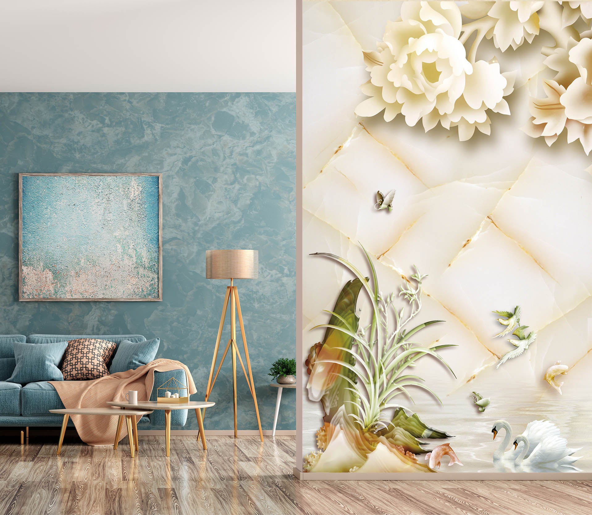 3D White Flowers 1845 Wall Murals