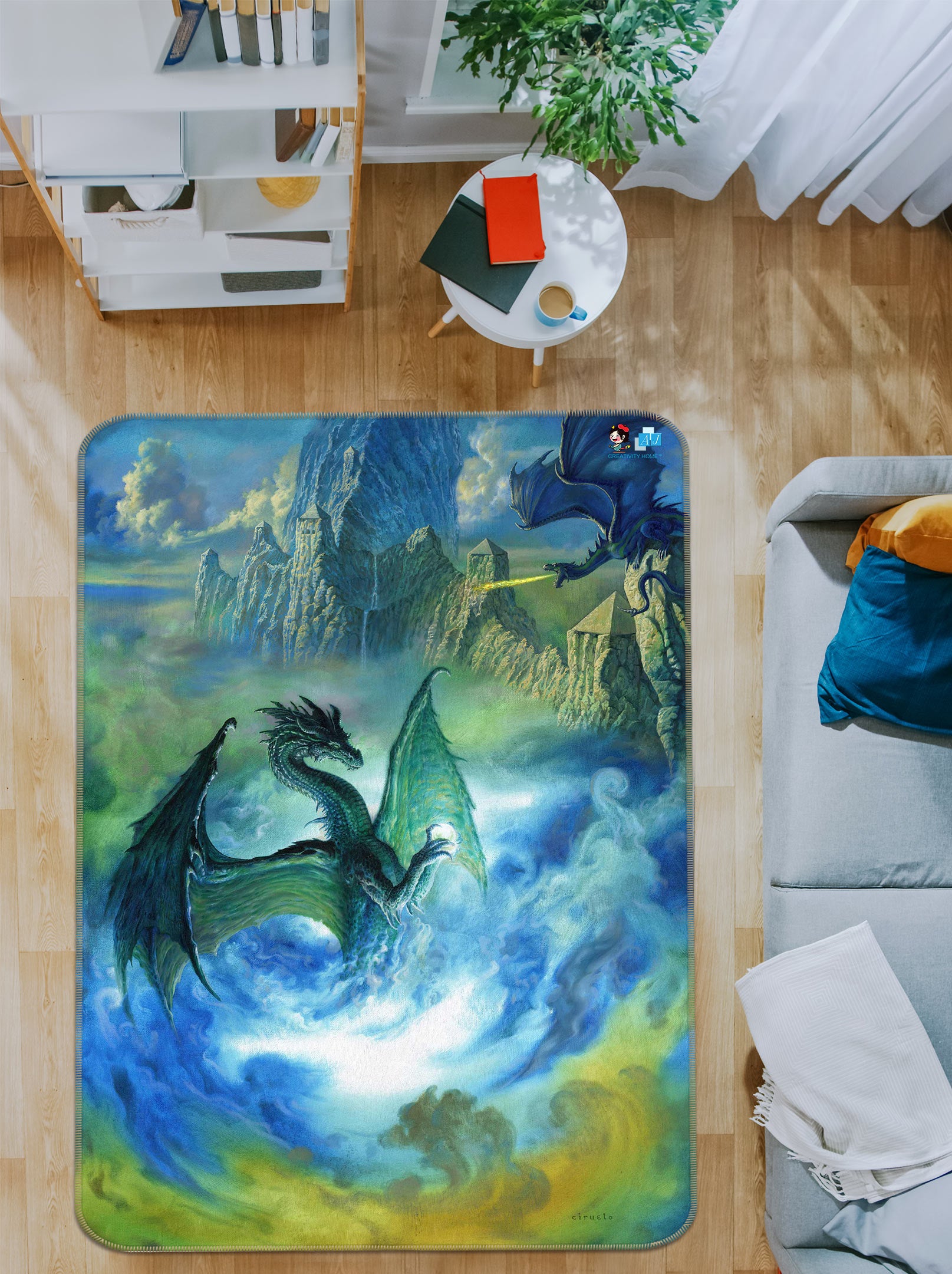 3D Blue Cloud Mist Dragon 6045 Ciruelo Rug Non Slip Rug Mat