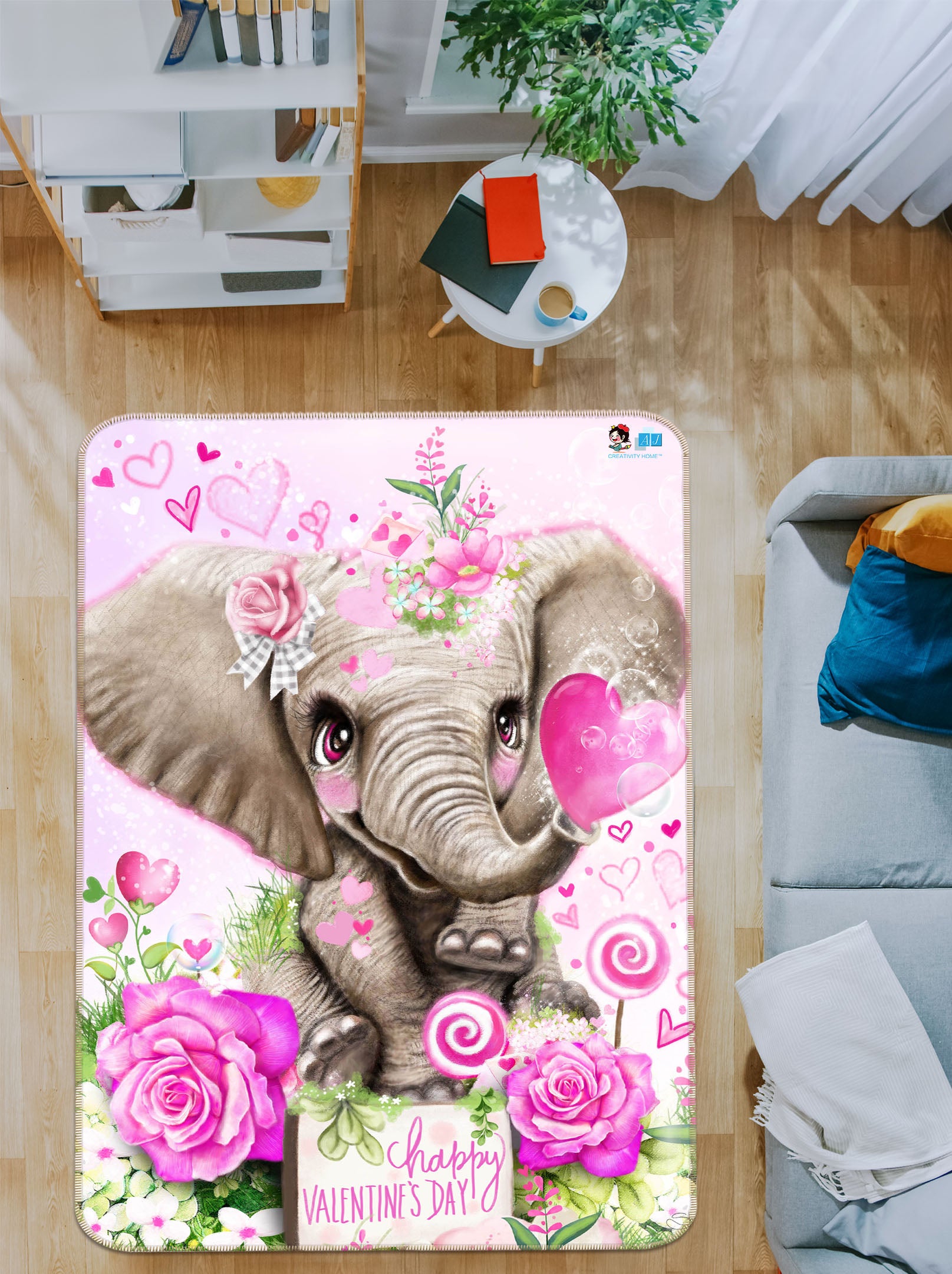 3D Elephant Pink Love 8544 Sheena Pike Rug Non Slip Rug Mat