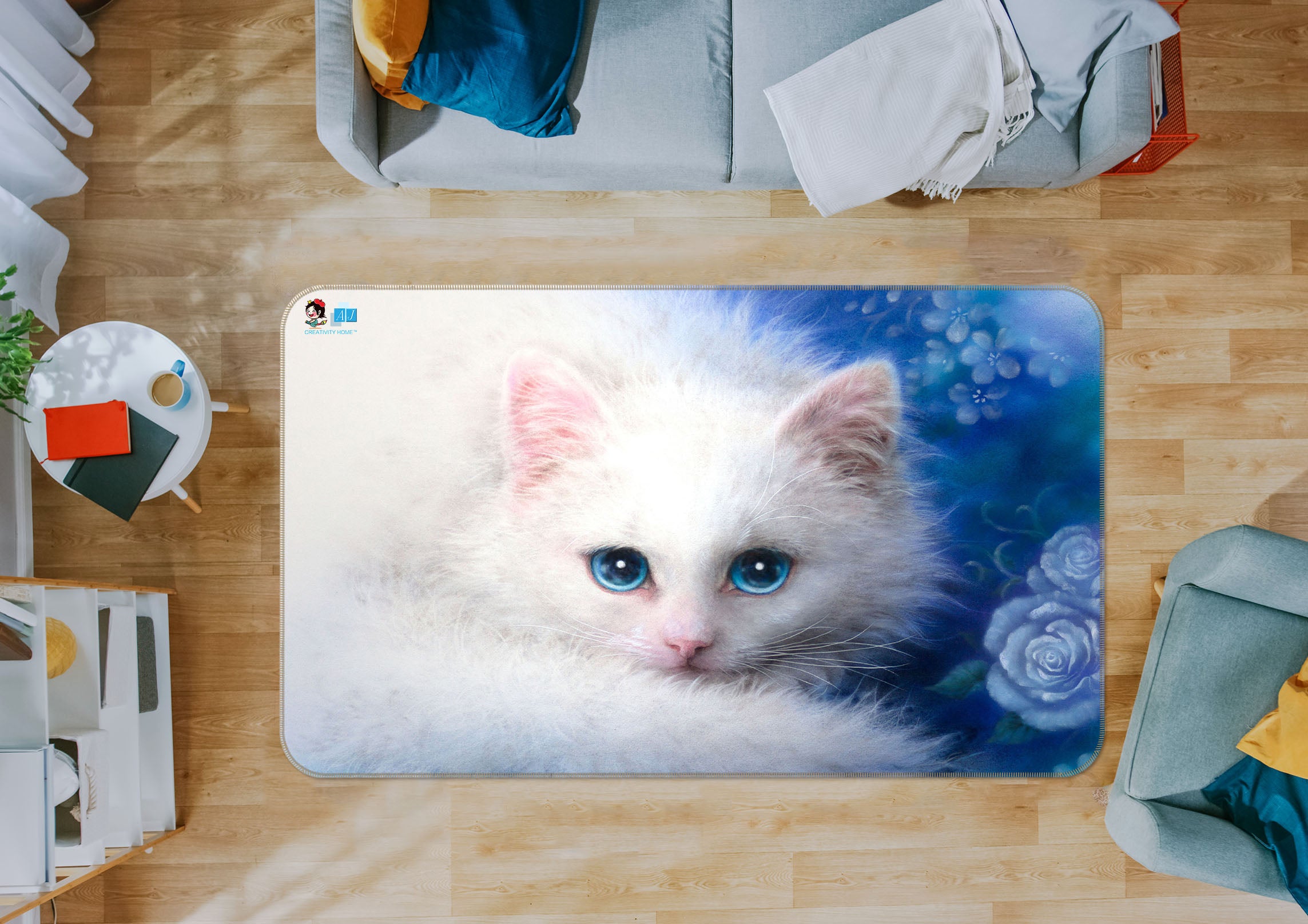 3D White Cat 5650 Kayomi Harai Rug Non Slip Rug Mat