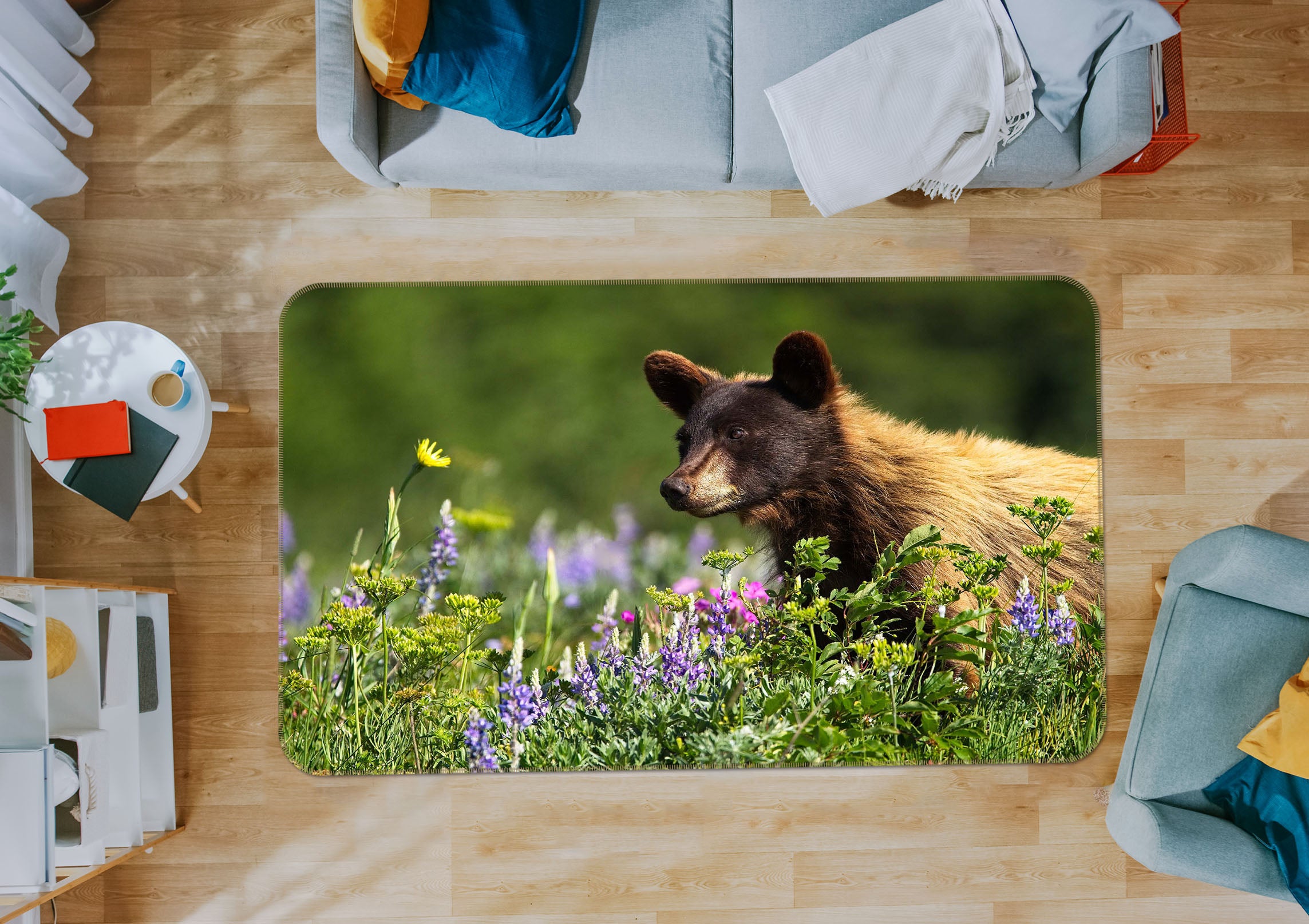 3D Bear Cub In Meadow 84055 Kathy Barefield Rug Non Slip Rug Mat