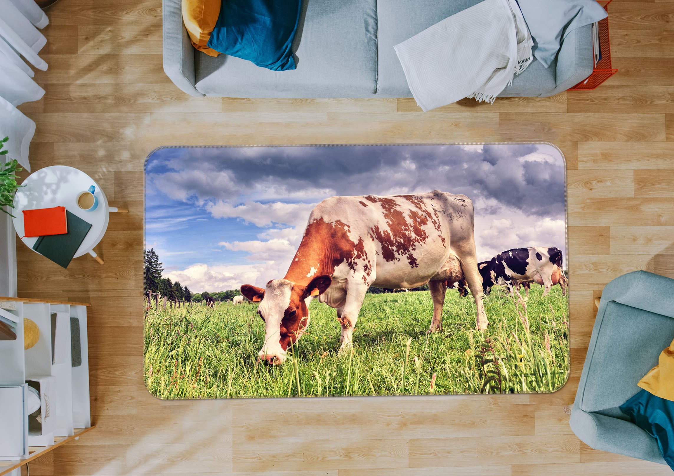 3D Cow Eating Grass 38122 Animal Non Slip Rug Mat