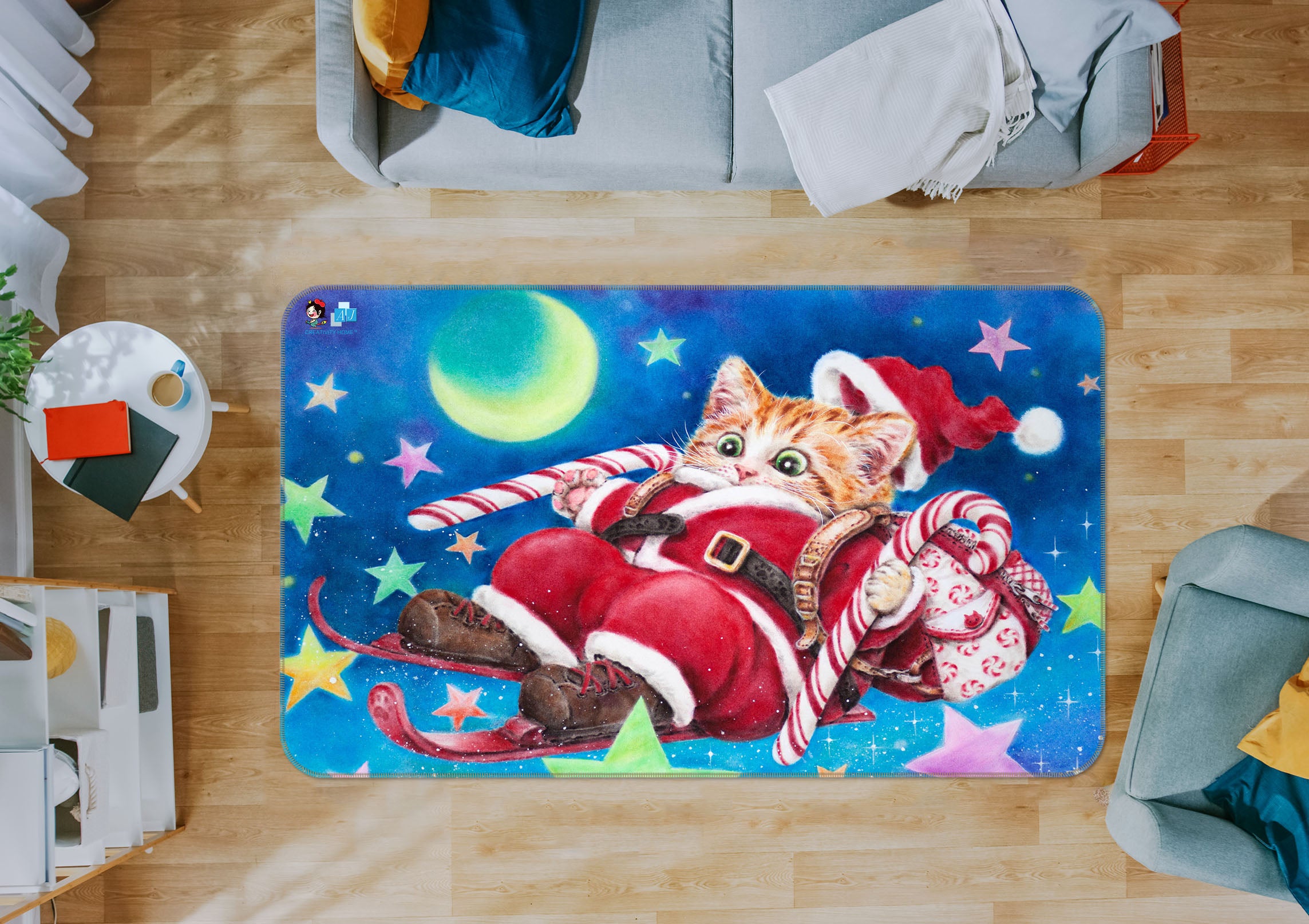 3D Christmas Cat Moon 5632 Kayomi Harai Rug Non Slip Rug Mat