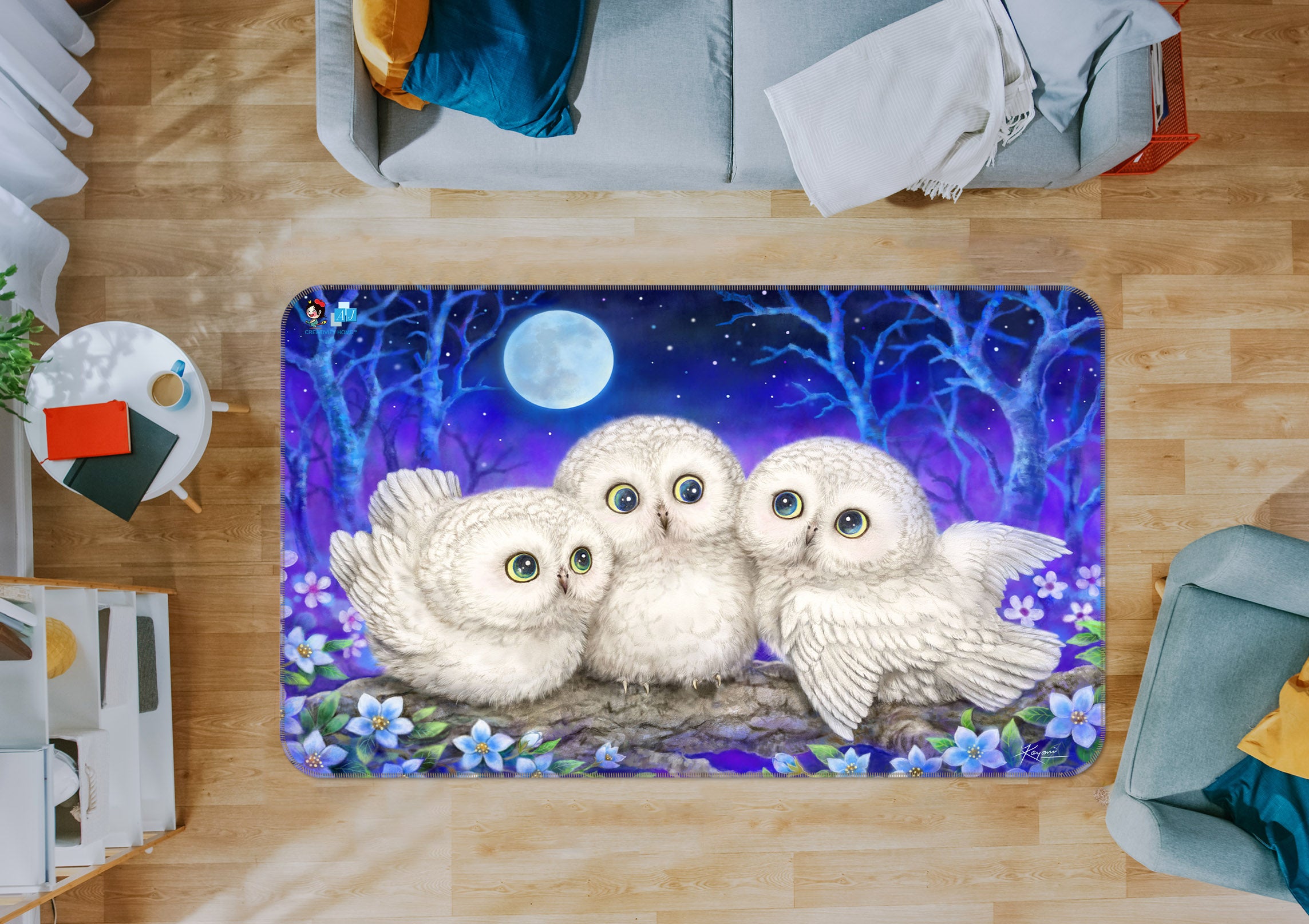 3D Owl Moon 5737 Kayomi Harai Rug Non Slip Rug Mat