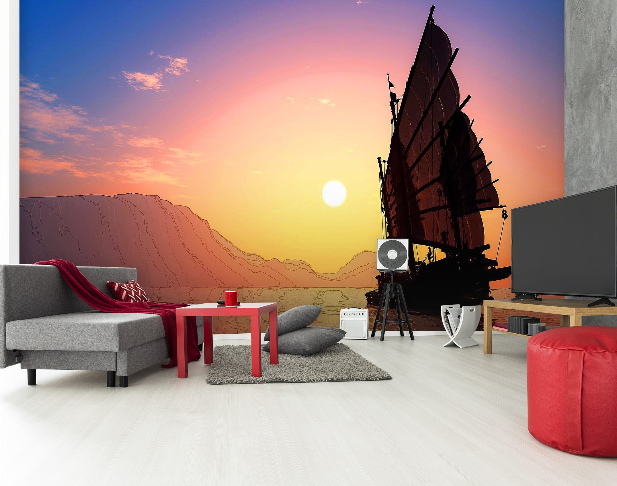 3D Sunset Sailboat Shadow 9181 Alius Herb Wall Mural Wall Murals