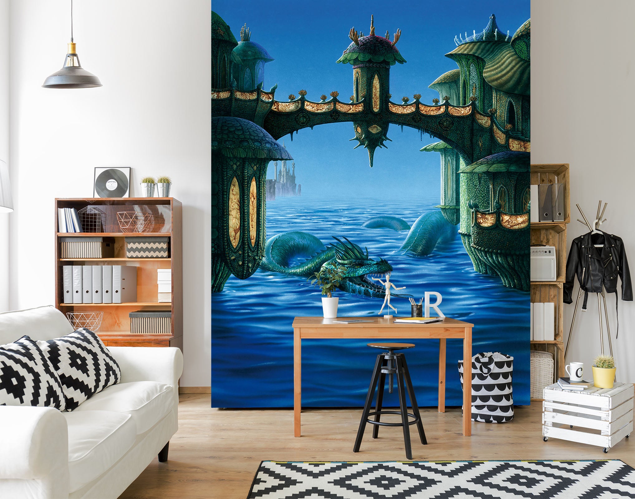 3D Blue River Dragon Bridge 7100 Ciruelo Wall Mural Wall Murals