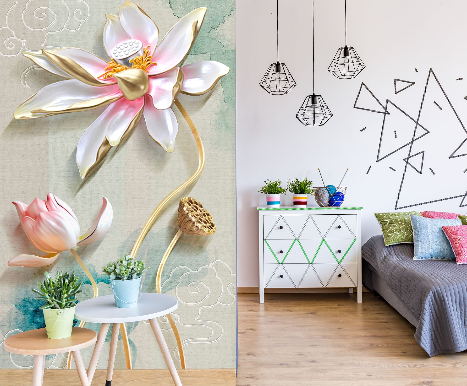 3D Painted Lotus 1856 Wall Murals