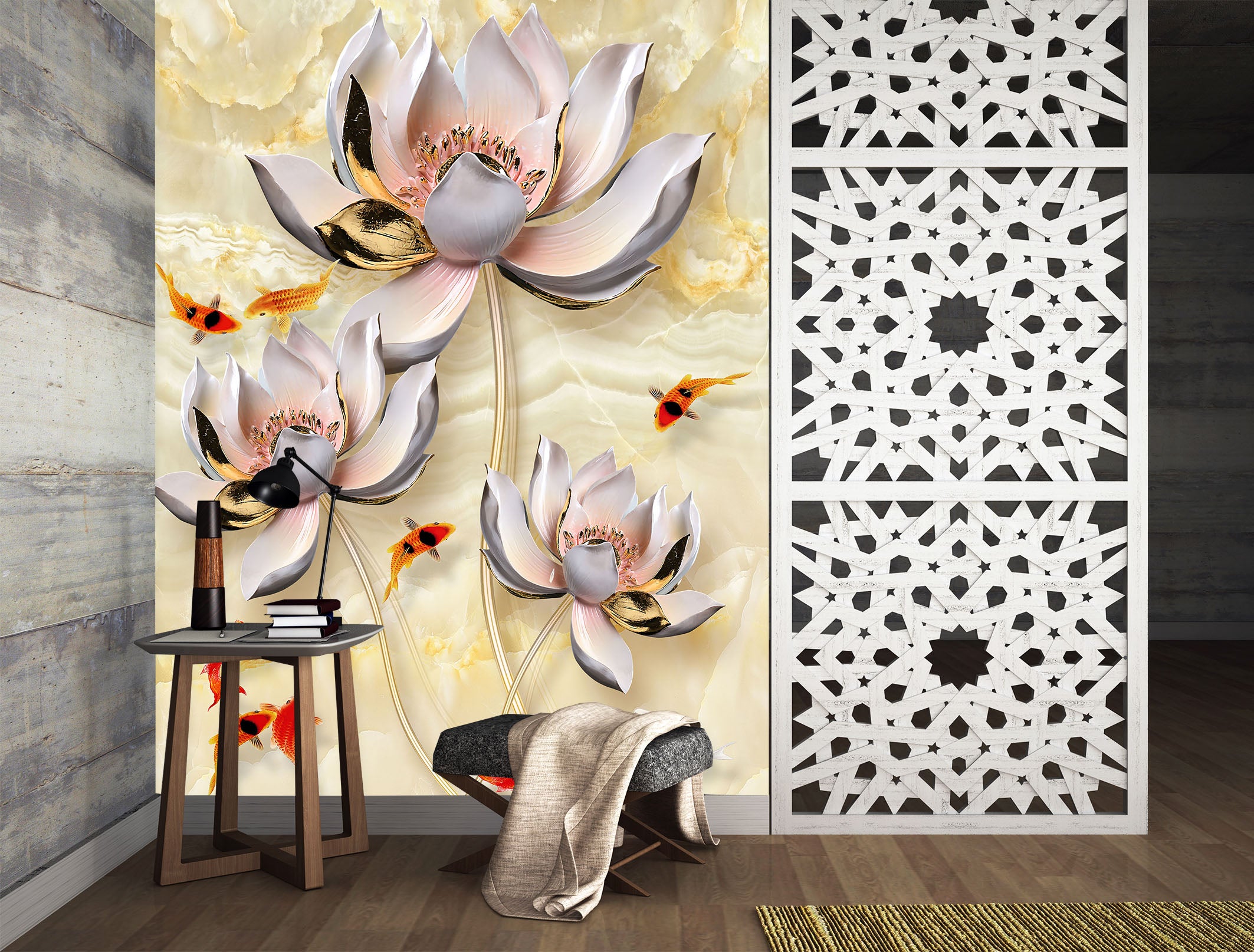 3D Swimming Fish Lotus 1865 Wall Murals