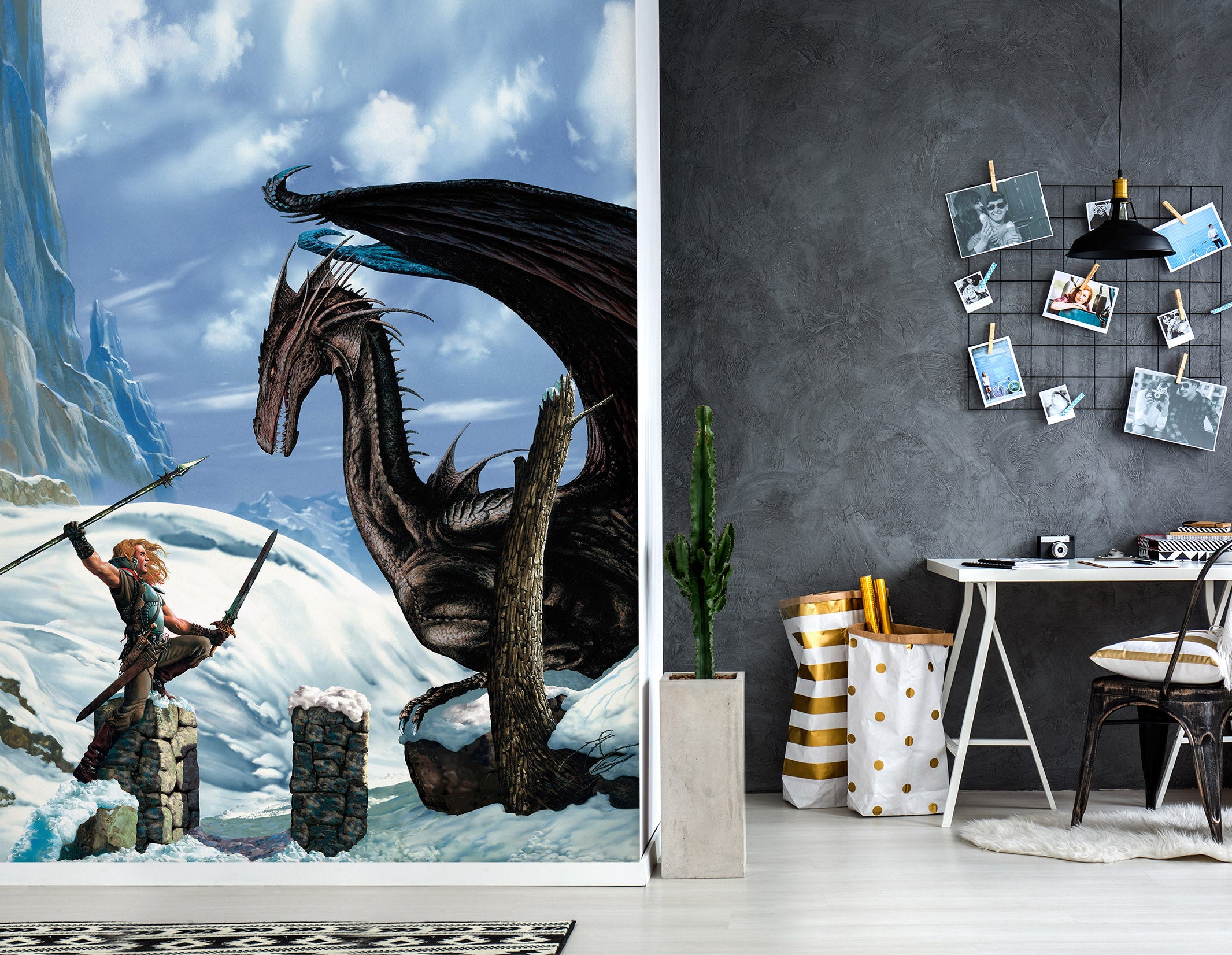 3D Snow Mountain Man Fighting Dragon 7088 Ciruelo Wall Mural Wall Murals