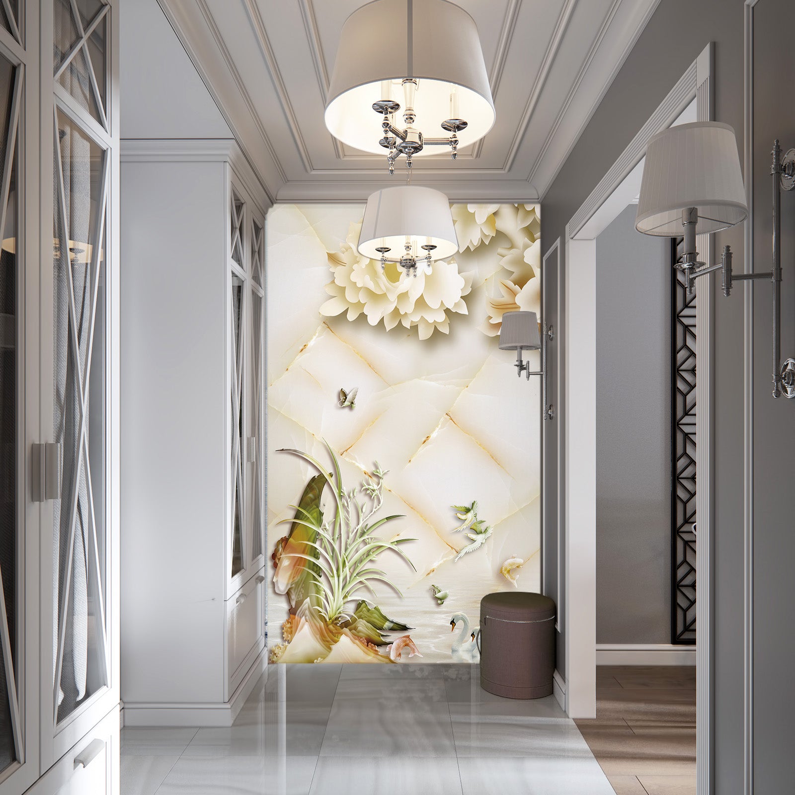 3D White Flowers 1845 Wall Murals