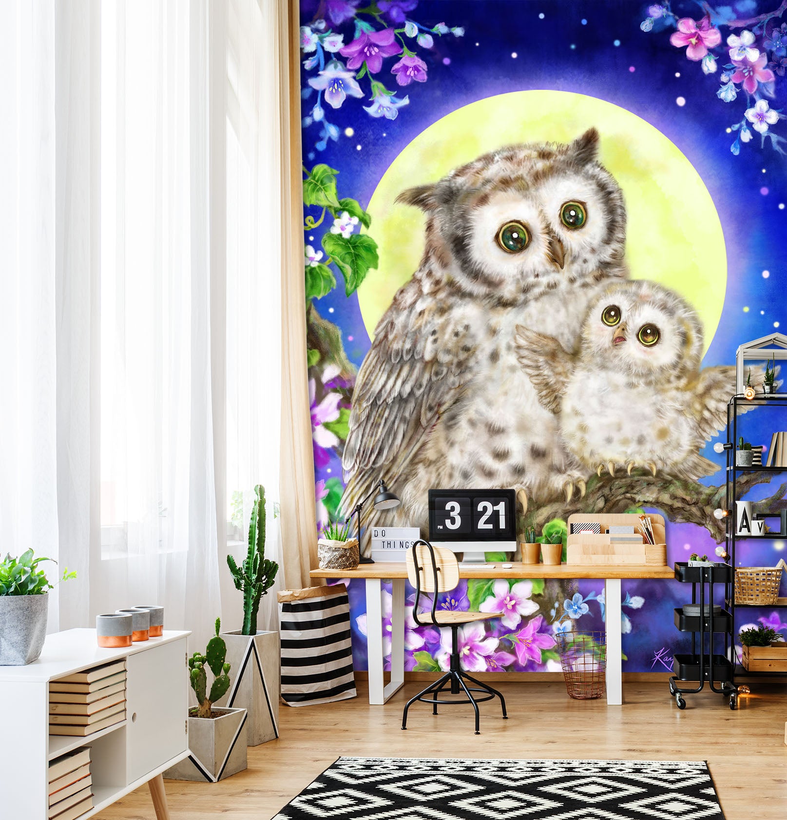 3D Moon Owl Flower 5563 Kayomi Harai Wall Mural Wall Murals